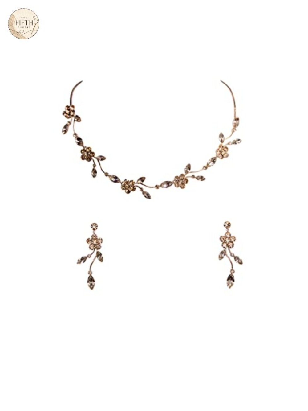 Rhinestone Crystal Floral Necklace Earrings Set Rose Gold Plated